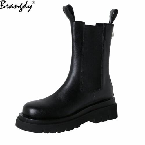 Brangdy Fashion Women Mid Calf Boots Genuine Leather Round Toe Womens Shoes Zipper Sheepskin Women Winter Pipe Boots Size 34-39