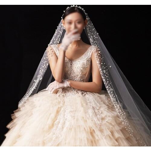 Long Pearls Wedding Veil Tulle 1T Bridal Veil Elegant Luxurious Bride Veil One Layer Ivory Bridal Party Veils