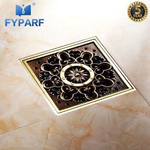 FYPARF Shower Drains 10*10cm Square Bath Drains Strainer Hair Antique Brass Art Carved Bathroom Floor Drain Waste Grate Drain