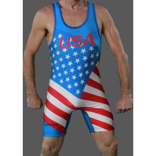 High Cut New American Flag Mens Wrestling Singlet Wrestler Leotard Bodywear Gym Outfit One Piece Tights