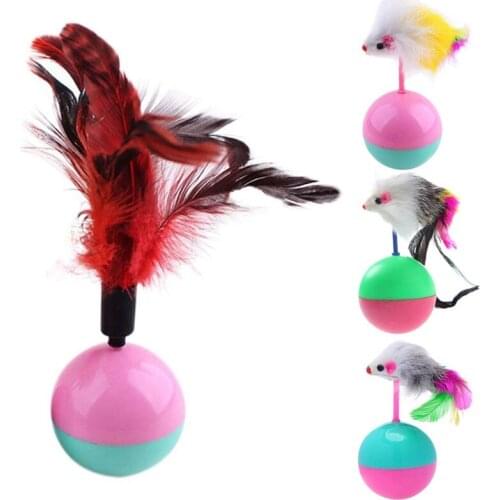 Pet Cat Tumbler Ball Toys with Colorful Feather Mice Kitten Interactive Training Chasing Solving Boredom Ball Toys Random Color