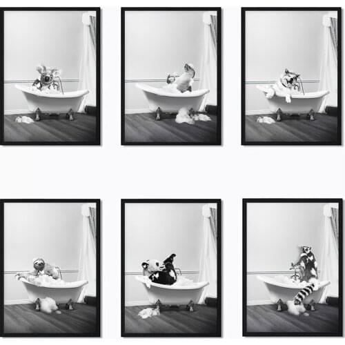 Wild Animal Bathtub Black White Art Prints Panda Whale Dolphin Bear Dog Canvas Poster Nordic Wall Pictures Bathroom Toilet Decor