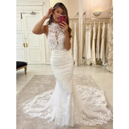 Lace Appliques Mermaid Wedding Dresses for Bride 2021 Sleeveless Wedding Bridal Dresses Long Train Robe De Soirée De Mariage