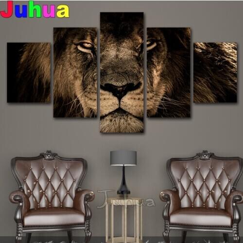 Modular Pictures 5 panels King Lion Animal Diamond painting Wall Art Picture Home Decoration For Living Room Diy Paintings