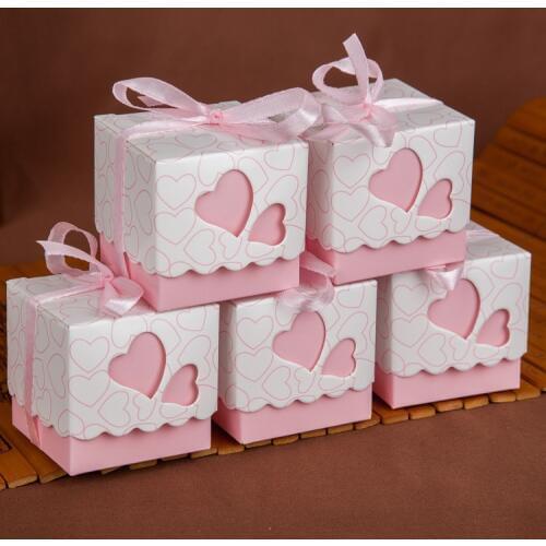 Newest Pink Double Heart Wedding Candy Box Wedding Party Favors And Gifts Boxes with Ribbon Free Shipping