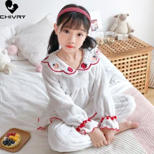 New 2021 Kids Flannel Pajama Sets Baby Girls Autumn Winter Warm Home Wear Children Cute Lapel Long Sleeve Sleeping Clothing Sets