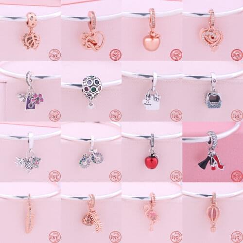 New Rose Gold Pine Cones Hot Air Balloon Apple Flamingo Dangle Charm Bead Fit Original Pandora Bracelet Women 925 Silver Jewelry