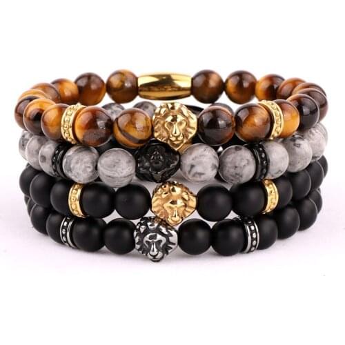 New Natural Stone Men Jewelry Stainless Steel Lion Head Beads Elastic Bracelet Men Gift