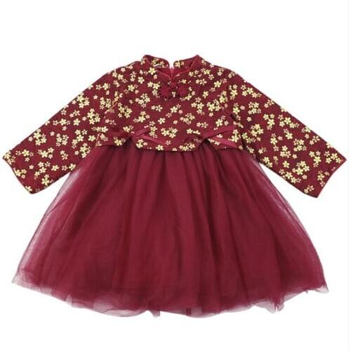 DFXD Chinese Style New Year Kids Girl Thicken Fleece Tang Cheongsam Princess Dress Long Sleeve Bow Mesh Ball Gown Girls Dresses