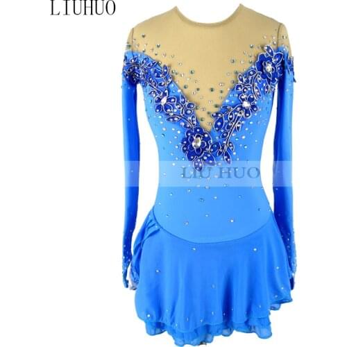 Figure Skating Dress Womens Girls' Ice Skating Dress Roller skating Blue round neck long sleeve Flower pattern