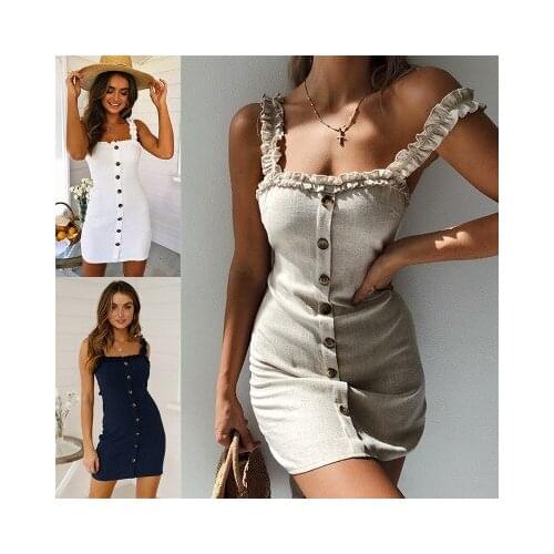 Dress Women Summer New Off-the-shoulder Spaghetti Strap Elegant Sexy Club Solid Button Slim Sheath Ladies Camisole Short Dresses
