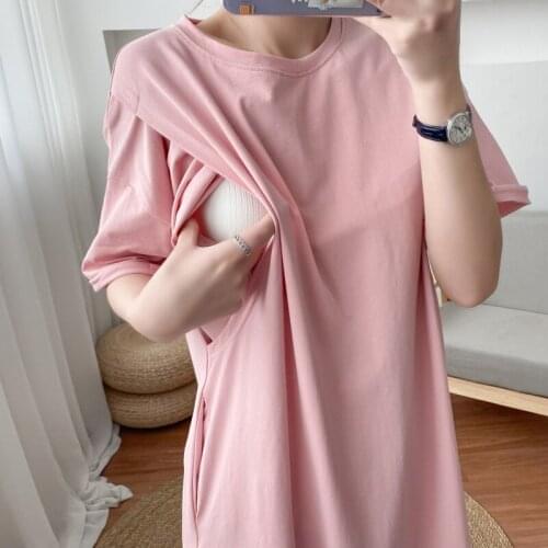 Pink Straight Breastfeeding Maternity Dress Cotton Short Sleeve Long Style T-shirt Woman For Nursing Pregnant Clothes 9082