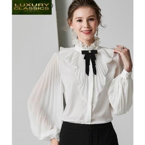 Silk Real Women Blouse Shirt Womens Tops and Blouses Elegant Long Sleeve Shirts Office Wear Korean Fashion Clothes 924011