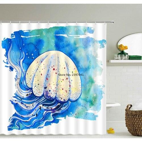 Blue Jellyfish Bath Curtains 3D Shower Curtain Beach Ocean Printing Bathroom Waterproof Polyester Fabric Decoration Screen