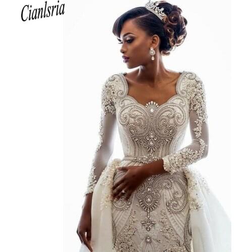 Vintage Square Collar Three Quarter Sleeve African Mermaid Wedding Dress Detachable Train Beads Pearls Crystal Dubai Bridal Gown