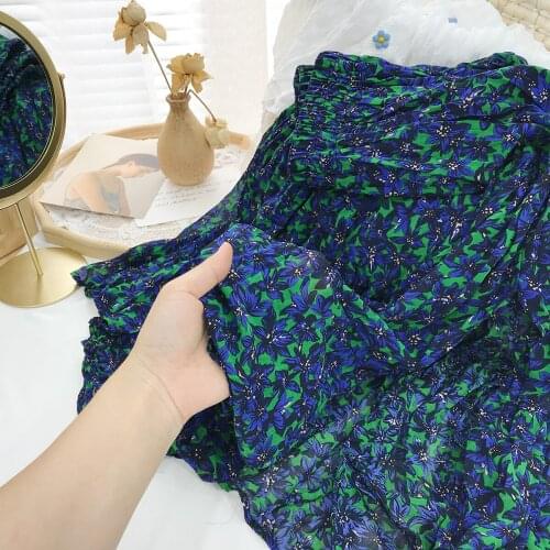 Vintage Floral Print Elegant Pleated Chiffon Long Skirts Autumn Women Korean Elastic High Waist Split A-line Holiday Midi Skirt