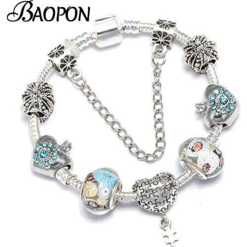 BAOPON High Quality Silver Plated Crown Charm Bracelet & Bangle With Snake Chain Bracelets For Women Girlfriend Jewelry Pulseras