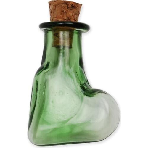 Green heart shape glass message vials, cute wish glass bottle vials with wood cork, miniature glass bottles