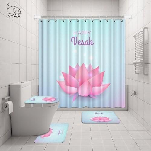 Colorful Lotus Flowers Trees Shower Curtain Sets Non-Slip Rugs Toilet Lid Cover and Bath Mat Waterproof Bathroom Curtains