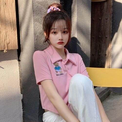 Embroidered Bear Tshirt Womens T-shirts Tops Japanese Kawaii Ladies Ulzzang Female Korean Harajuku Clothes For Women