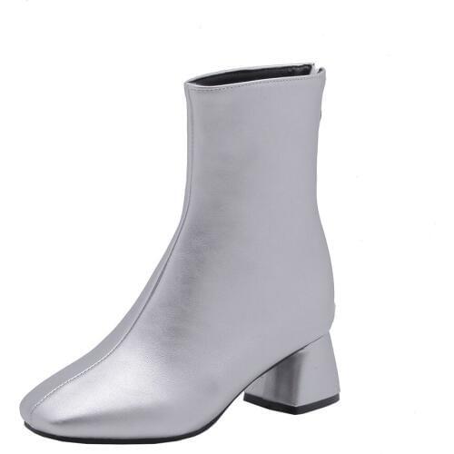 2020 Western Woman Sock Boots Square High Heel Ankle Boots Fashion Round Toe Leather Punk Boots Winter Sexy Feminina Motorcycle