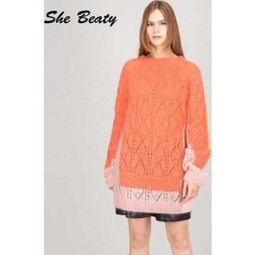 Long Sweaters Women Vintage Hollow Out Color Block Casual High Street O-Neck Designer Brand Knitted Pullover Jumper Traf Za Tops