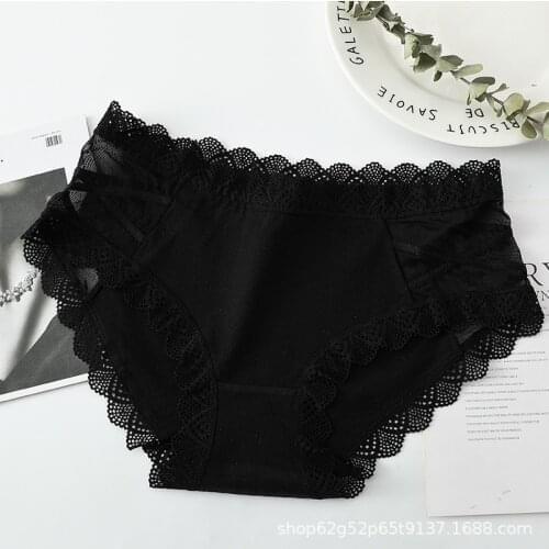 Womens Cotton Underwear Sexy Lace Panties Mid Waist Seamless Briefs Womens Solid Color Hollow Out Panties Girl Bow Underpants