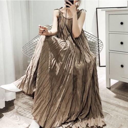 Summer retro fold casual solid Joker fold lace-up strap dress sexy dress women Ruffles Floor-Length Spaghetti Strap O-Neck