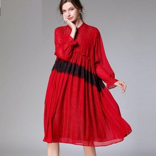 2020Spring women elegant fake silk chiffon dress Plus Size loose fit bow collar lace patchwork female casual vestido beach dress