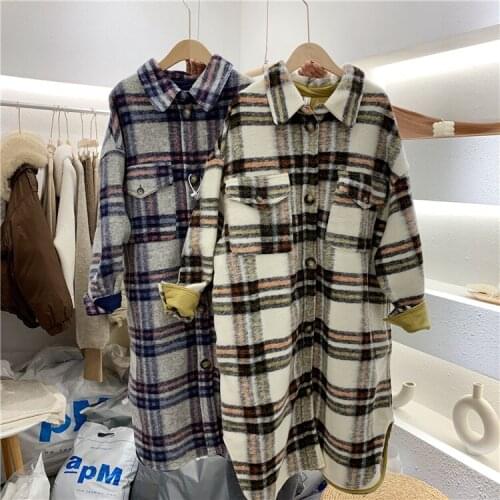 Spring Turn Down Collar Women Woolen Coat Plaid Print Elegant Wool Jacket Women Autumn Long Coat Casaco Feminino
