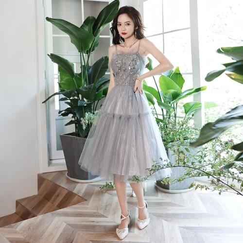 Spaghetti Strap Elegant Evening Dress Sequins Appliques Strapless A-Line Sleeveless Tea-Length Woman Formal Party Gowns A1443