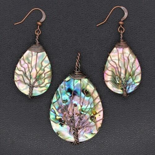100-Unique 1 Pcs Copper Plated Wire Wrap Abalone Shell Pendant Water Drop Earring Ethnic Jewelry Set