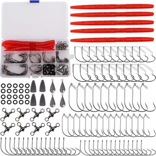 116pcs Wacky Rig Fishing Worm Kit Worms Wacky Weedless Hooks Wide Gap Hooks Twist Lock Fishing Hooks Artificial Soft Lures