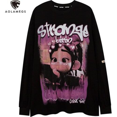 Aolamegs Sweatshirt Men Cartoon Cute Boy Letter Print Pullover Hoodies Autumn Cozy Loose Harajuku High Street Fashion Streetwear