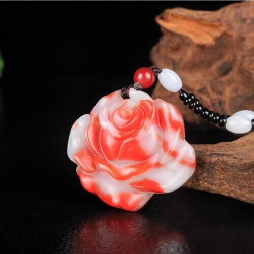 Color Jade Rose Pendant Flower Necklace Natural Chinese Carved Jadeite Jewelry Charm Amulet Fashion Gifts for Women