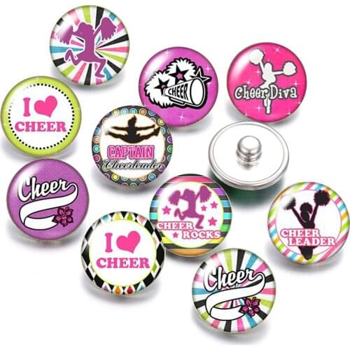 DB0549 Cheer Cheerleader 18mm snap buttons 10pcs mixed round photo glass cabochon style for snap button jewelry