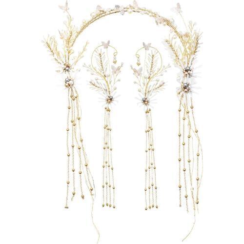 Long Tassel Hair Cilp Bride Hair Hoop Head Flower Chinese Vintage Crystal Pearl Headdress Hair Accessory Wedding