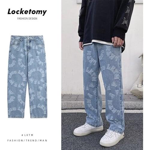Men Jeans Wide Leg Denim Pant Loose Straight Jacquard Design Of Characteristic Letters Neutral Trousers Hip Hop Casual Jeans