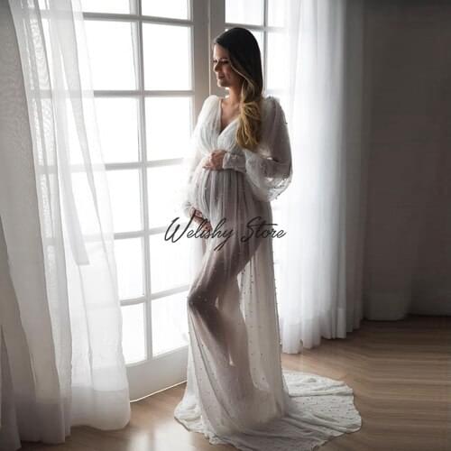 Elegant White Beads See Thru Marenity Tulle Dress Women Front Open V-Neck Long Puffy Sleeves Formal Robes Floor Length