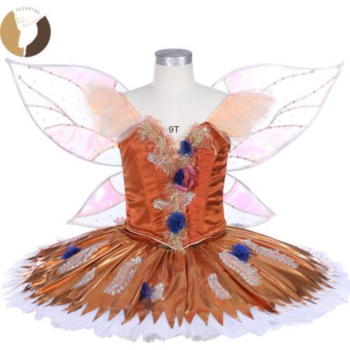 FLTOTURE Child Kids Ballet Performance Costumes Tutu Gold Skirt With Wing Ballerina Stage Wear Gift Girls Custom Made Tutu Dress