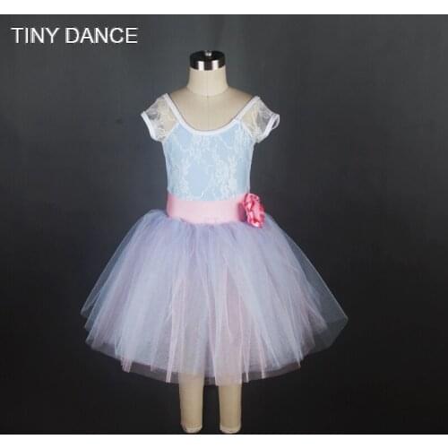 Ready to Ship Puff Short Sleeves White Lace Dress for Girls Ballet Dancing Pale Blue Ballet Dance Tutu 18001