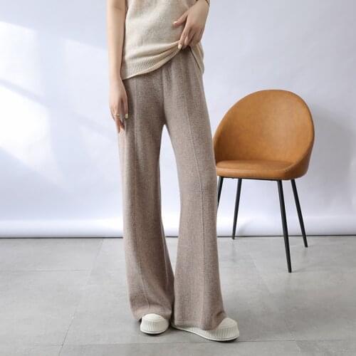 Cashmere womens pants autumn winter new 100% wool fashion high-waist wide-leg pants womens loose large-size knitted trousers