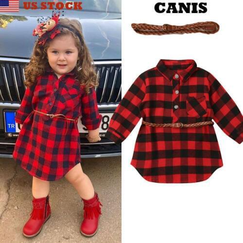 2Pcs Plaid Toddler Kids Baby Girl Outfit Clothes T Shirt Top Dress+Belt Set