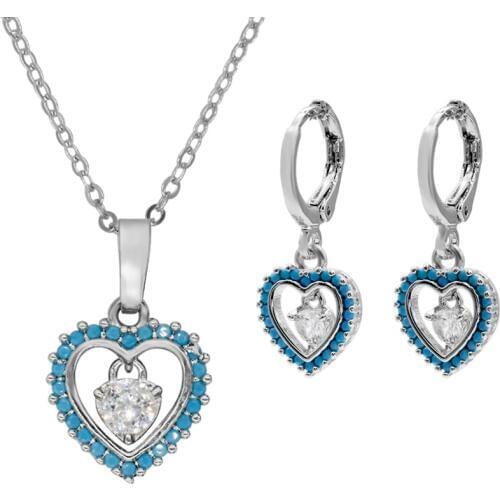 925 Sterling Silver Fine Jewelry Sets Turquoise&CZ Statement Necklace Earrings Heart Shape Romantic Style Wedding Jewelry Gift