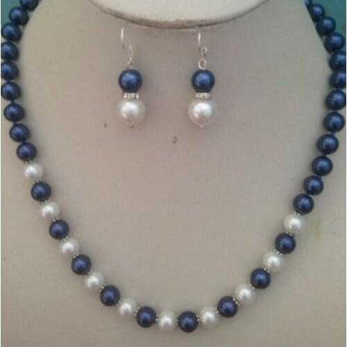 8MM White blue South Sea Shell Pearl necklace earrings set AAA Grade