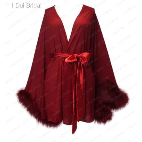 Short Bridal Robe with Marabou Trim on Sleeve with Sash Sexy Night Gown Pajamas Bachelore Party Robe