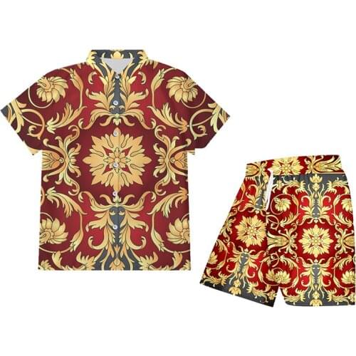 OGKB Men Sets Oversize Casual Summer 2 Pieces Suits Gold Flower 3D Print T Shirts And Shorts Pants Luxury Royal Floral Tracksuit