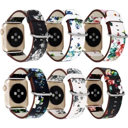 LAOKE Leather Watch Band for Apple Watch 42/38mm Chinese Ink Painting Flower Print Watch Strap for iWatch Bracelet Series 3 2 1