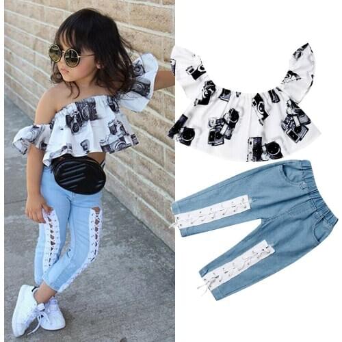 2PCS Fashion Kids Baby Girls Set Off Shoulder Tops+Denim Pants 2PCS Summer Cute Girl Outfits Clothes