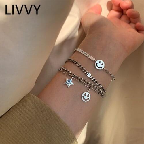 LIVVY Luck Star Smiling Face Trendy Bracelet for Women Vintage Handmade Fine Jewelry Birthday Gifts Couple